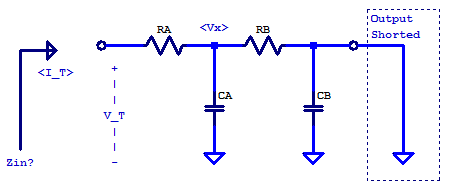 Schematic for analyzing input impedance of a 2nd order RC low-pass filter.