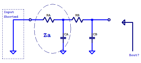 Schematic for analyzing output impedance of a 2nd order RC low-pass filter.