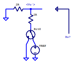 Equivalent output resistance and unloaded ladder voltage for first stage in an R2R DAC. 