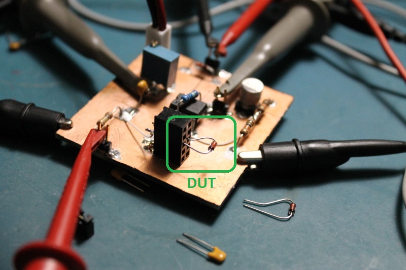 1N4148 DUT in test header for capacitance measurement.